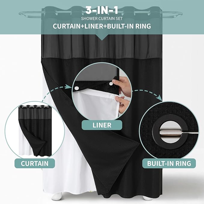 Black No Hook Waffle Weave Shower Curtain with snap-in Liner Replacement, 230GSM Waterproof Fabric Hotel Shower Curtain Set for Bathroom, Through Mesh Top Window,71Wx77H