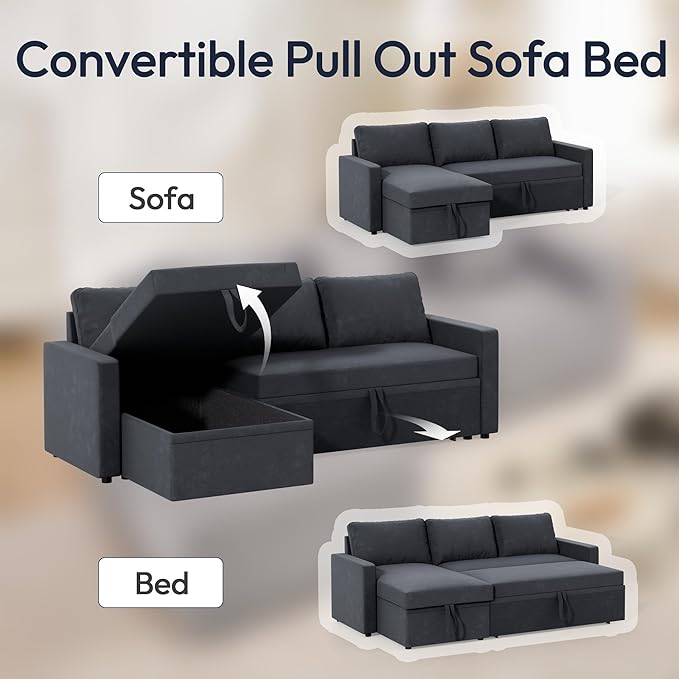 Sleeper Sofa Bed, Modular Sectional Couch with Pull Out Bed, L Shaped Sectional Convertible SofaBed with Storage Seat, for Living Room Apartment Bedroom Office Black Velvet