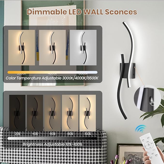 Battery Operated Wall Sconces Set of 2，Rechargeable Dimmable Battery Operated Wall Sconce with Remote Control，3000K-6500K LED Black Wireless Wall Light for Living Room Bedroom Hallway，31.5inch (Black)