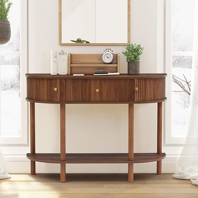 43.3“ Fluted Half Moon Console Table, Modern Entryway Console Sofa Table with Storage, Narrow Wood Accent Tables Behind Couch Tables for Living Room, Hallway, Foyer(Walnut)