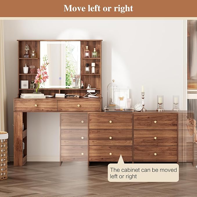 Makeup Vanity Desk with Mirror and Lights, Vanity Desk with 8 Drawers & Storage Shelves, Vanity Table with Power Outlet, 3 Color Modes & Adjustable Brightness Dressing Table, Bedroom,Brown