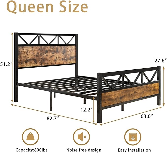 Queen Bed Frame with Headboard, Industrial 51.2" Tall Headboard, Queen Platform Bed Frame with Heavy Duty Metal Slats Support, No Box Spring Needed, Noise-Free, Easy Assembly, Rustic Brown