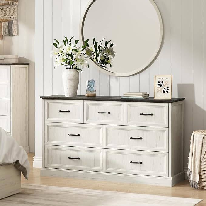Farmhouse 7 Drawer Dresser for Bedroom, 55 Inch Wide Modern White Dresser TV Stand with Large Drawers & Bar Handles, Rustic Wood Chest of Drawers for Bedroom, Living Room, Hallway, Entryway.