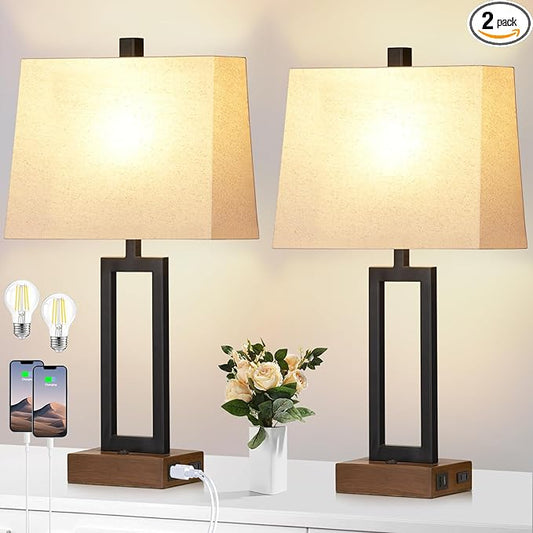 Table Lamp for Bedroom Set of 2 with 2 USB Ports and AC Power Outlet, 23.5" Modern Bedside Lamp, Wood Nightstand Lamp with Linen Shade for Living Room Hotel Desk(LED Bulb Included)