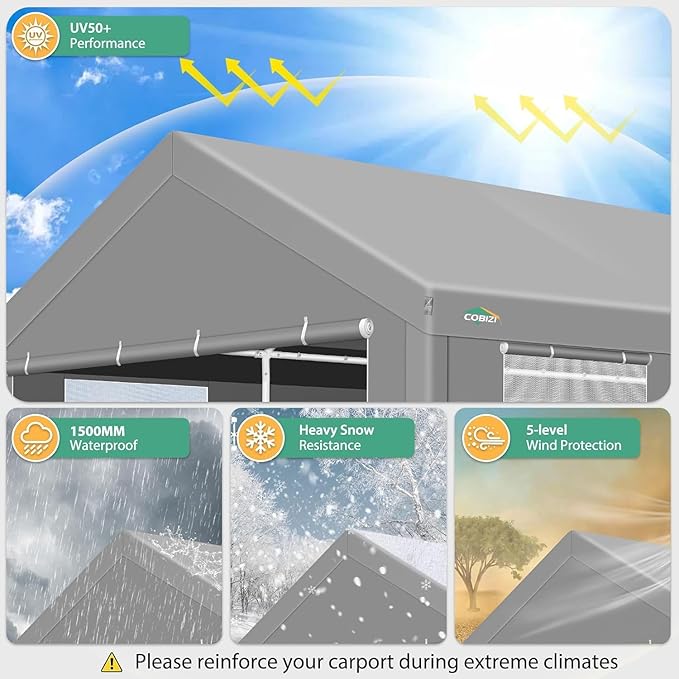 COBIZI Carport 10x20ft Heavy Duty Portable Garage, 2.0 Powder Coated Frame(Better Than Galvanized), Waterproof Shelter with Removable Sidewalls & Windows, Built-in Sandbags, for Car/Boat/SUV, Gray