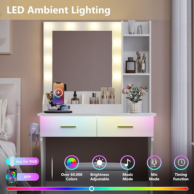 Vanity Mirror With Lights Desk And Chair, Small Makeup Vanity Set with Charging Station, Dressing Table with 2 Large Drawers, RGB Ambient Light, 3 Lighting Modes & Adjustable Brightness, White