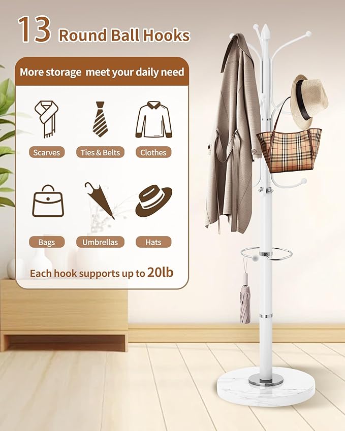 Metal Coat Rack with Natural Marble Base, Coat Rack Stand with 12 Hooks & Umbrella Holder, White Modern Freestanging Coat Racks, Coat Jacket Hanger Tree Stand for Corner Entryway Office