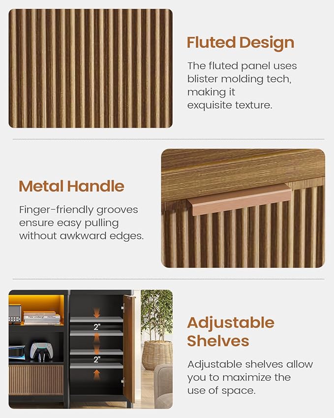 AOGLLATI Fluted TV Stand for Living Room, 71” Heavy-Duty TV Console Cabinet with Storage and Shelf, Mid Century Modern Television Stands with Drawers for 60/65/70/75/80 TV, Black