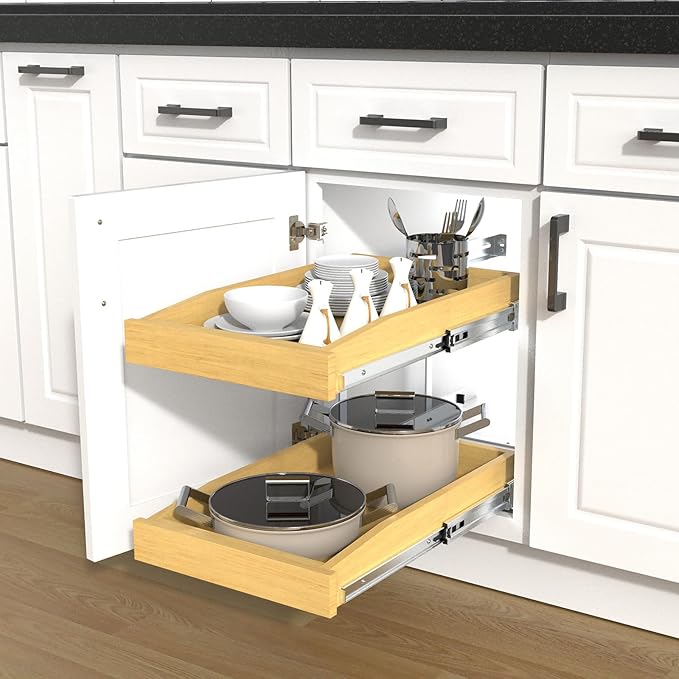 2 Tier Pull Out Cabinet Organizer, 17"W x 21"D Solid Wood Heavy-Duty Base Bottom Assembly Slide out Drawer Shel Cabinet Organization for Kitchen, Pantry, Bathroom