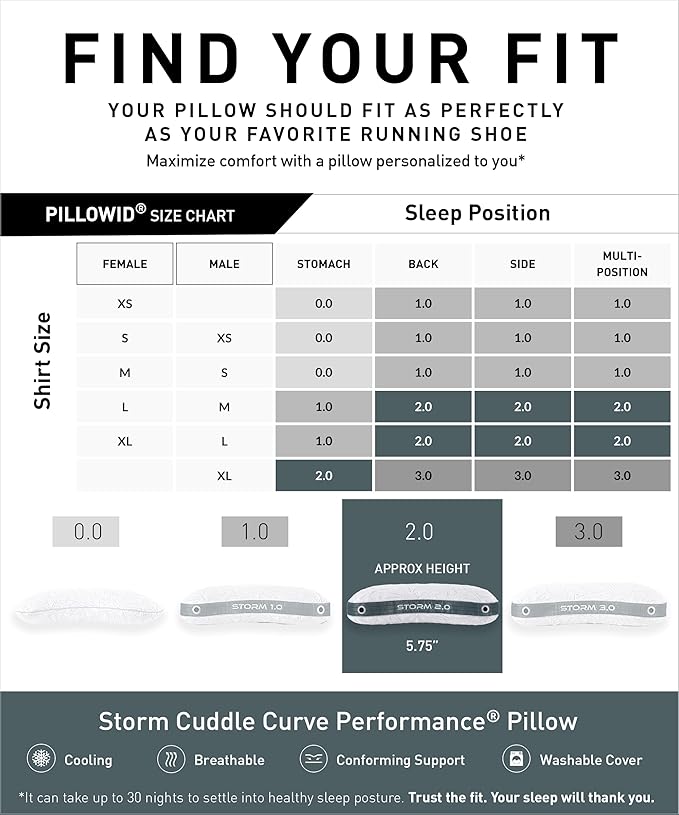 Bedgear Storm Cuddle Curve Performance Pillow - Size 2.0 - Cooling Bed Pillow for Side Sleepers - Medium Firmness- Washable and Removable Cover - 20" W x 26" L