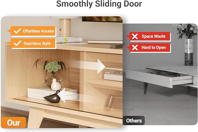 Claiks Boho TV Stand for 70 Inch TV, Modern TV Console with 2 Rattan Storage Cabinets & Adjustable Shelf, Woven TV Stand for Living Room, Oak Color