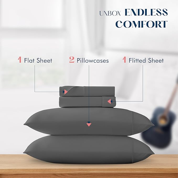 XOOX Linen 100% Cotton King Size Sheets Set - 500 Thread Count 4 PC Cotton Sheets for King Bed, Deep Pocket King Sheet Set for Hot Sleepers, Cotton Sheets King Size, Soft Cooling Sheets (Dark Grey)