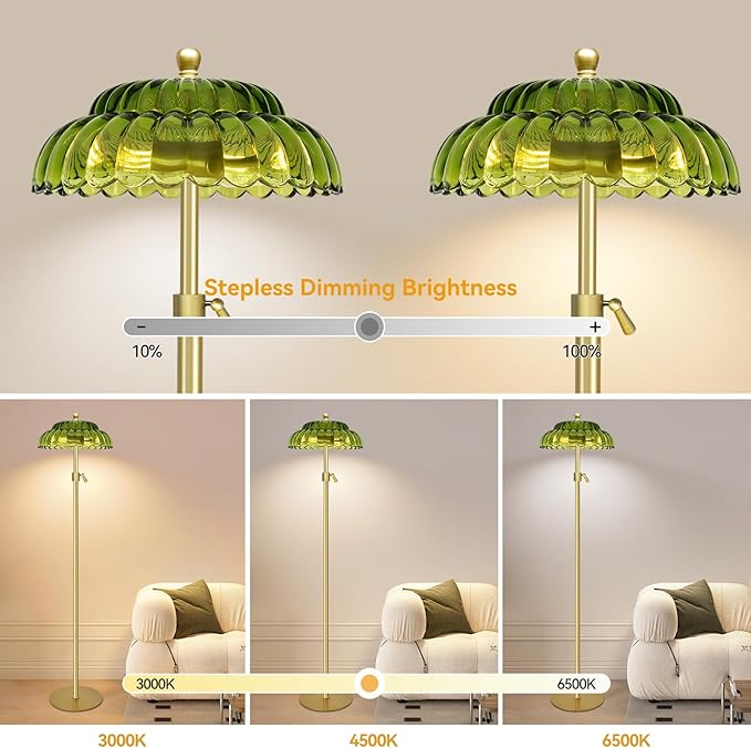 Vintage Floor Lamp with Remote Control, Gold Floor Lamp with 3 Color Temperature,Mid Century Modern Standing Lamp with Glass Lamp Shape,Brass Flower Lamp Tall Glass Floor Lamps for Living Room Bedroom