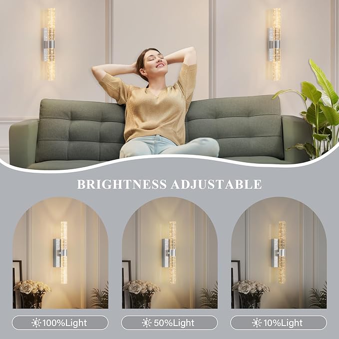 Battery Operated Sliver Wall Sconces Set of 2 Rechargeable Battery Powered Wall Light with 12000mAh Indoor Not Hardwired Dimmable Wall Lamp Fixtures for Bedroom Living Room 15.3 Inches