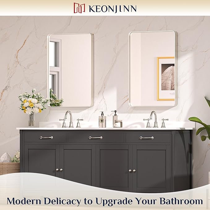 Keonjinn 20 x 30 Inch Brushed Nickel Bathroom Mirrors for Over Sink, Rounded Rectangle Silver Bathroom Vanity Mirror, Farmhouse Mirror for Wall, HD Tempered Glass, Anti-Rust Aluminum Alloy Mirror