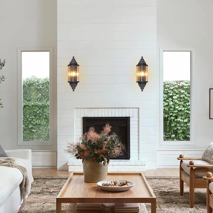 Rustic Black Wall Sconce with Amber Glass Vintage 2-Lights Antique Wall Light Fixture Retro Farmhouse Mid Centry Lantern Wall Sconce for Bedroom, Living Room, Mirror, Fireplace, E12