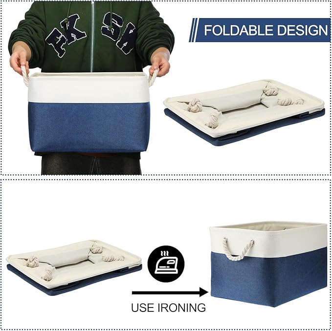 meekoo 8 Pack Collapsible Storage Bins Fabric Storage Bins Polyester Fabric Baskets with Handles Linen Closet Organizer for Shelf Home Closet Towels Toys(15 x 11 x 9.5 in,Blue White)