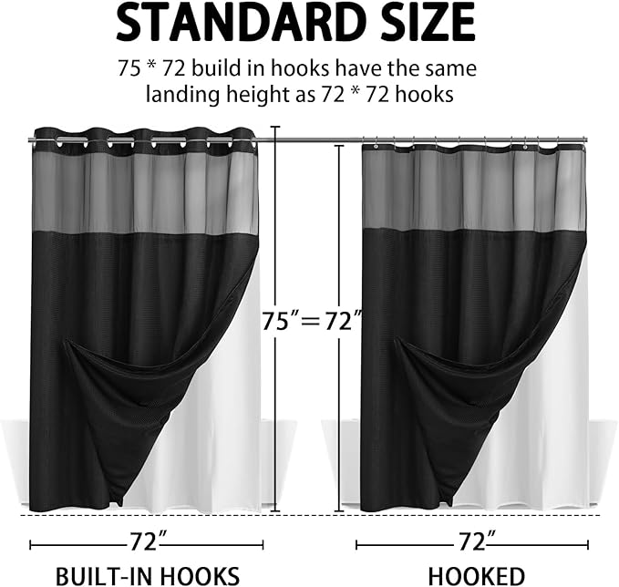 YellyHommy No Hook Shower Curtain with Snap in Liner Set Less Time Black Waffle Shower Curtain for Bathroom 75" L x 72" W