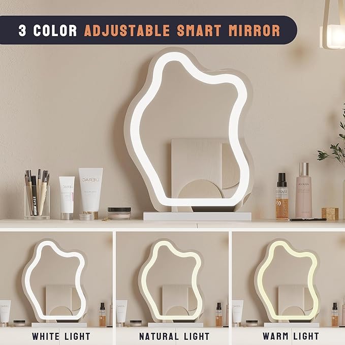 Makeup Vanity Desk with Mirror and Lights, Luxury Dressing Table with Free Retractable Side Cabinet, Microfibre Leather Wrapped Vanity Set with 5 Solid Wood Drawers, Stool-47.2in / White