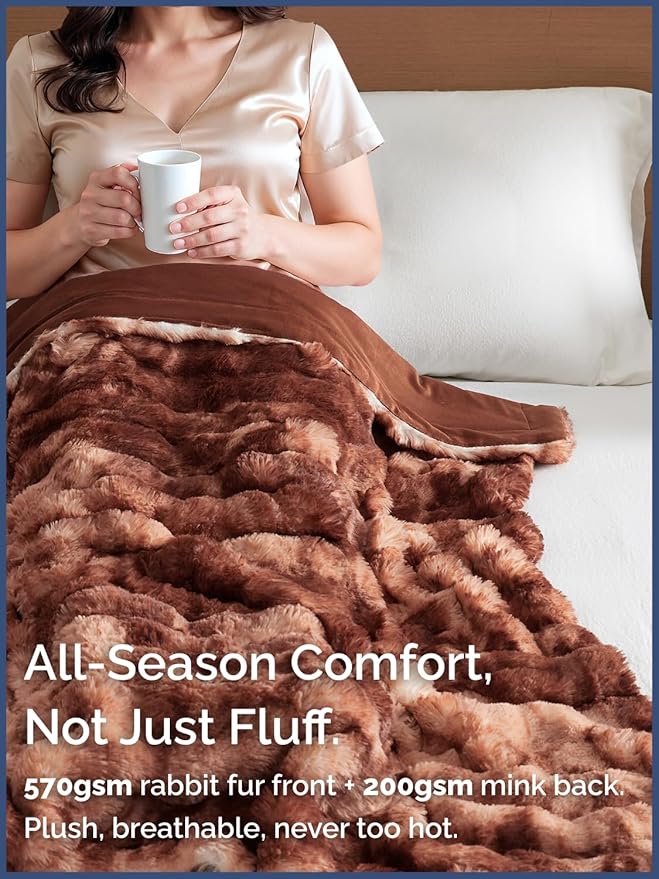 Fluffy Throw Blanket Twin Size - Faux Fur Throw for Couch or Bed - Plush Soft Extra Thick Faux Fur Rabbit Blanket - Comfy, Warm & Breathable - Luxury Minky Tie Dye Bedding - 60" x 80", Marble Brown