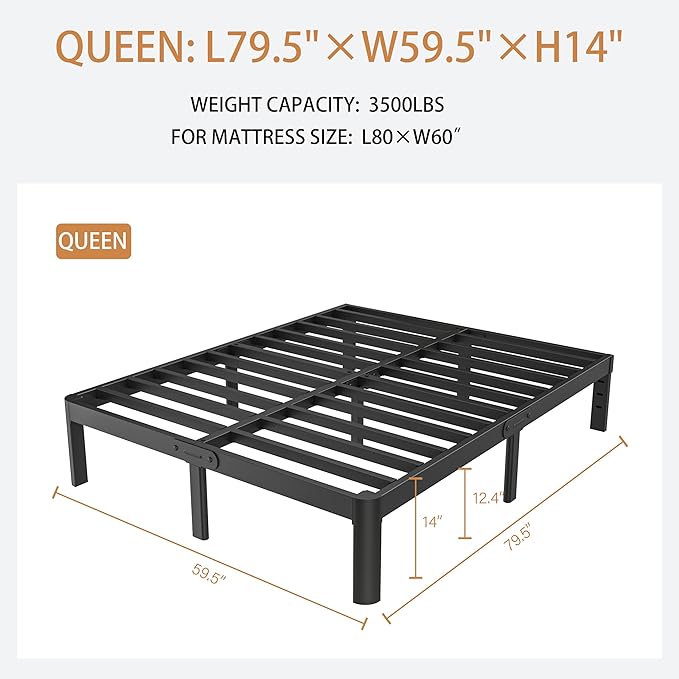 Black Bed Frame Queen Size 14 Inch, Metal Queen Bed Frame No Box Spring Needed, DIY Headboard Holes, Heavy Duty Steel Support 3500 LBS, Noiseless, Round Corner Leg, Storage Space, Easy Assembly