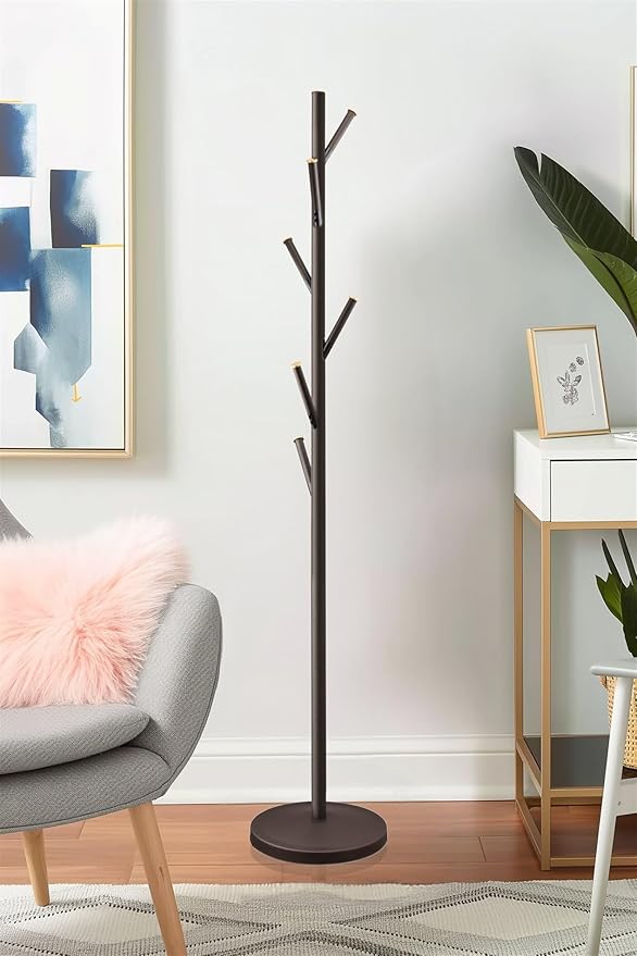 Kira Home Addison 68" Modern 6 Hook Free Standing Metal Coat Rack, Weighted Base, Gold Cap Accents + Oil-Rubbed Bronze Finish