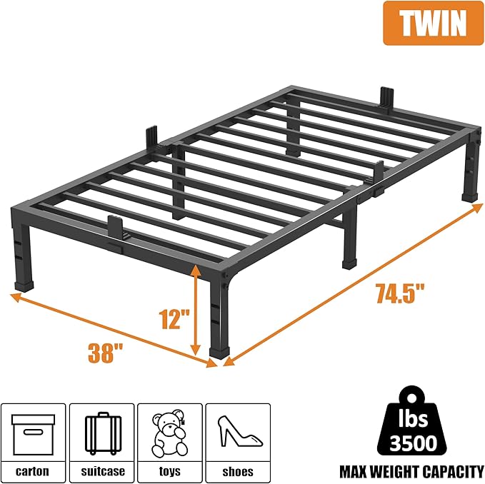 FUIOBYVV Twin Bed Frame,12 Inch Metal Platform with Space-Saving Design,Steel Slat Support,Non-Slip Mattress Stopper,No Box Spring Needed,Quiet and Sturdy,Easy Assembly