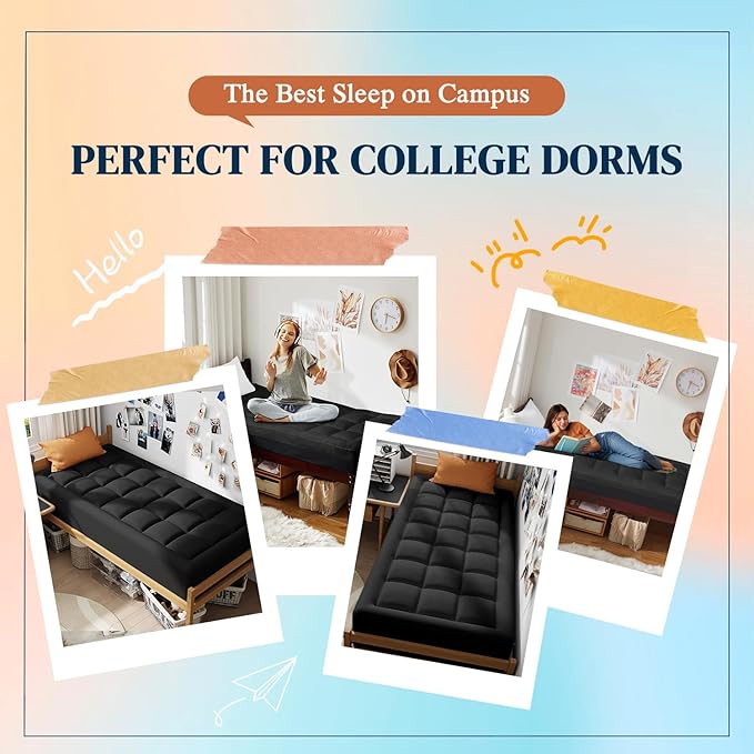 ELEMUSE 3 Inch Dual Layer Memory Foam Mattress Topper Twin XL, Dorm Room 2 Inch Cooling Gel Memory Foam Plus 1 Inch Down Alternative Pillowtop Mattress Pad,College Essential, Comfort Support, Black