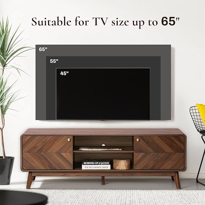 LuxenHome Mid Century Modern TV Stand, 63" TV Stands for Living Room for TVs up to 65", Entertainment Center with Storage, Wood TV Console with Tapered Legs, Television Stands