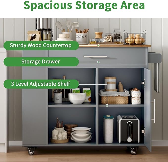 4 EVER WINNER Kitchen Island on Wheels with Storage Cabinet, Kitchen Island Cart with Spice Rack & Towel Rack, Rolling Kitchen Cart with Open Shelves, Portable Island with Drawer, Grey