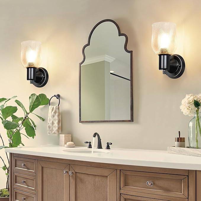 Wall Sconces Set of 2 - Matte Black Vanity Lights for Bathroom Modern Wall Light Fixtures with Rotary Switch - Wall Mount Light with Stripe Glass,Farmhouse Wall Lamp for Bedroom Mirror Living Room