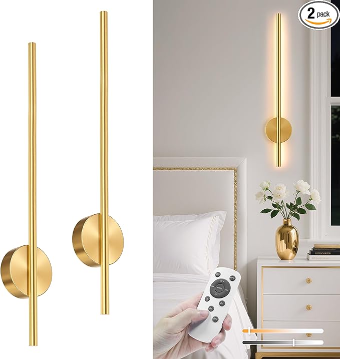 NIORSUN 27.6 Inch Battery Operated Wall Sconce Set of 2, Gold Minimalism Rechargeable Wall Lights with Remote, 3CCT Dimmable Wireless Wall Lamp for Living Room Bedroom Hallway
