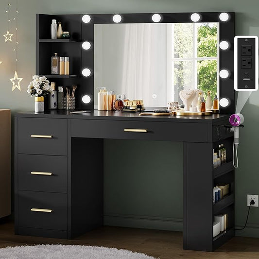 DWVO Makeup Vanity Desk with Mirror & Lights, 40inch Vanity Table with Power Outlets, 4 Drawers & 6 Open Storage Shelves, 3 Color Modes & Adjustable Brightness Dressing Table for Bedroom, Black
