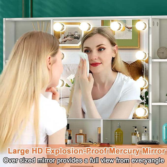 White Vanity Desk with Mirror and Lights, 3 Color and Brightness Adjustable Makeup Flip Mirror with Lights, Bedroom Dressing Table Vanity Stool Set and 7 Storage Drawers & 9 Shelves