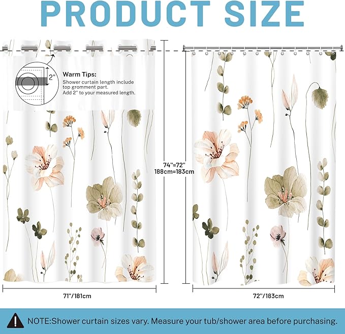 No Hook Shower Curtain with Snap in Liner - Floral Shower Curtain - Fabric Waterproof Inner Liner, Plants Watercolor Khaki Modern Cloth Shower Curtains - Machine Washable, 71 x 74