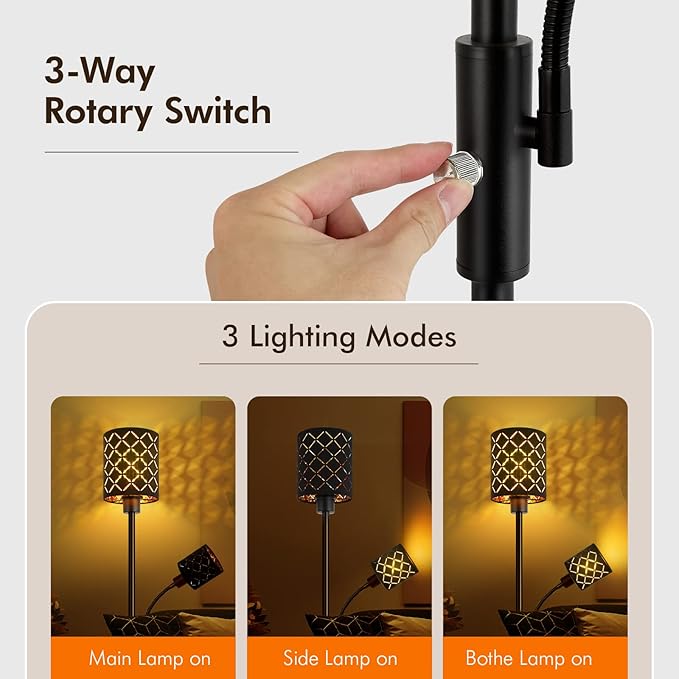 Gothic Black Floor Lamp with Adjustable Reading Light, 71" LED Torchiere Standing Lamp with Gold-Lined Shade, 3-Way Switch, Bulbs Included — Moody Industrial Decor for Bedroom & Living Room