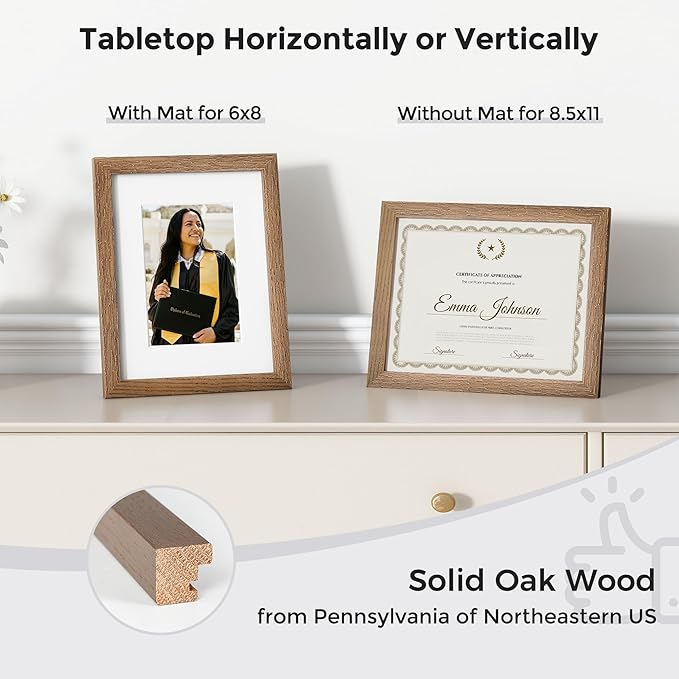 Axeman Diploma Frame For 8.5x11 Certificate Document | Solid Oak Wood 8.5 By 11 Picture With Mat For 6x8 | 8 1/2 x 11 Certificate Frame | Plexiglass And Hanging Hardware Included | Walnut