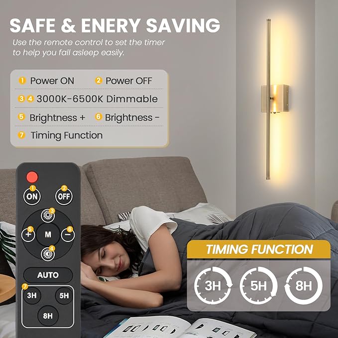 Battery Operated Wall Sconces Set of 2, 11000mAh Rechargeable Brushed Bronze Wireless Wall Lights, 350°Rotate Dimmable Wall Lamp with Remote, 3 Color Temperatures, for Bedroom, Living Room, Hallway