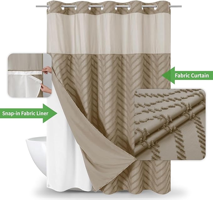 No Hook Boho Farmhouse Shower Curtain with Snap-in Fabric Liner set-71Wx86H(84H),Beige Tufted Chevron Striped Hotel Grade Cloth Shower Curtains for Bathroom with Window,Water Repellent