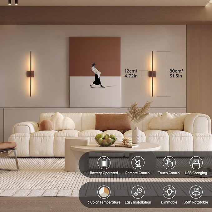 Battery Operated Wall Sconce Set of 2, 10400mAh Rechargeable Wall Sconces, 3000K-6000K Dimmable, 350°Rotate, Indoor Wall Lights for Bedroom Living Room Bathroom, Black Walnut, 31.5 Inch