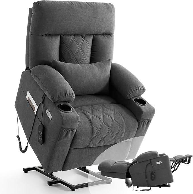 Power Lift Recliner Chair for Elderly with Extended Footrest, Infinite Position Lay Flat Recliner Chair for Adult W/Massage & Heating, Adjustable Headrest, 3-Motor Zero Gravity,Cup Holder, Fabric