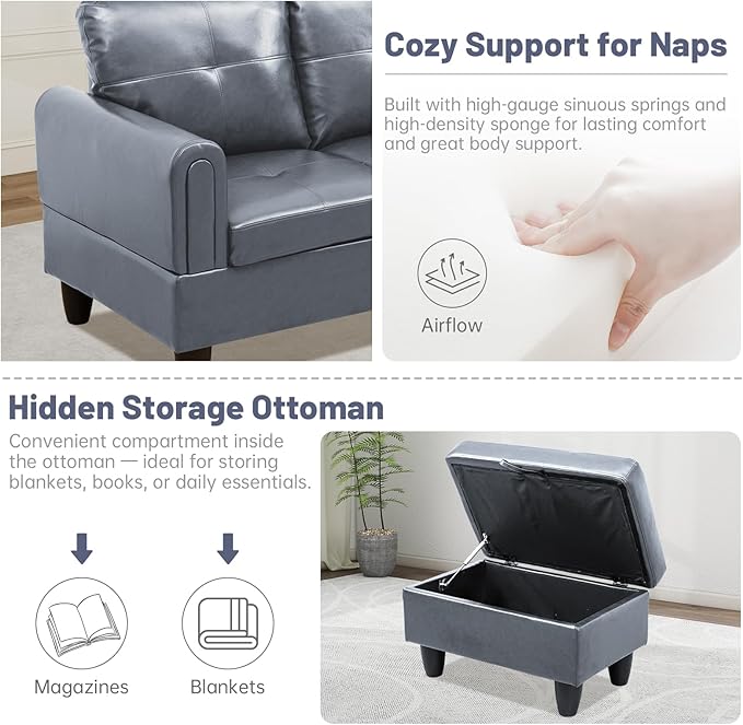 L-Shape 3-Piece Cloud Sofa, Couch for Living Room, Dark Grey Faux Leather L-Shape with Reversible Chaise & Storage Ottoman, Ergonomic 110–115° Recline, Solid-Wood Frame