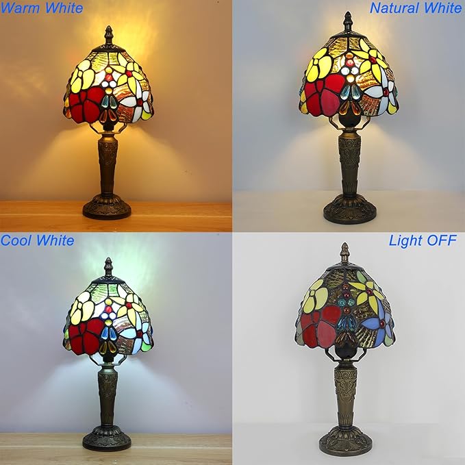 Tiffany Style Small Table Lamp,Rose Flower Stained Glass 3 Color Temperature Antique Table Lamps,Bedside Nightstand Lamp for Bedroom,Living Room,Home Office, Include LED Bulb,6X6X12.5Inch