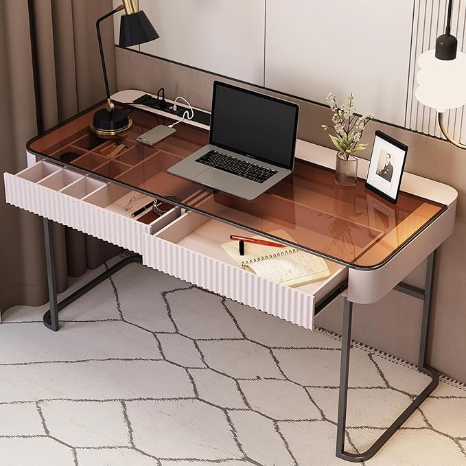 Lartis Home Office Desk Computer Desk Pale Pink Writing Desk - Makeup Vanity no Mirror Intelligent Socket with USB Port Compartmentalized Storage