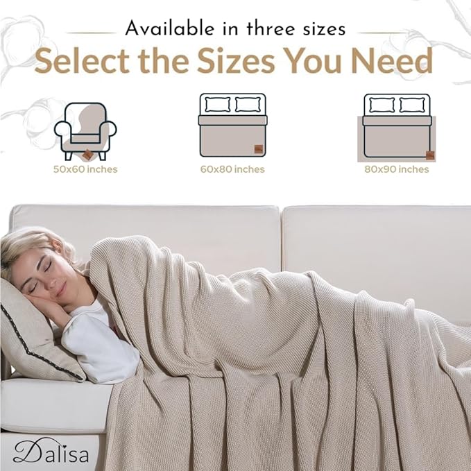 Dalisa 100% Organic Turkish Cotton Throw Blanket - GOTS Certified, Cozy - Perfect for Couch, Bed, and Home Decor - Boho Vintage Knit Alina (Birch, 50x60)