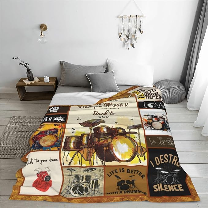 Drum Set Blanket Rock Music Throw Blanket Soft Fleece Flannel Bedding Musical Instrument Gifts for Men Drummer Boys Women Girls Lovers Adults Stuff Plush for Couch Sofa Bed Room Decor 60"X80"