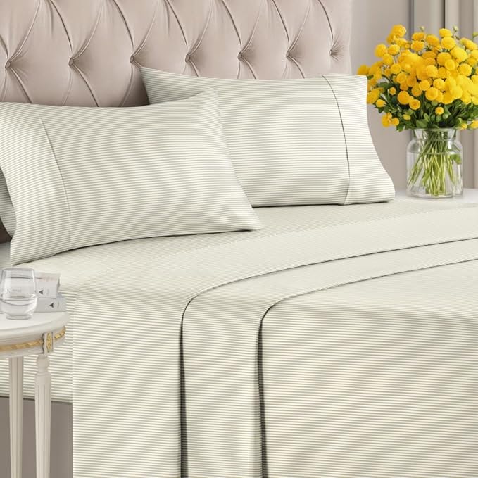 Biege Striped Sheets - Cream Bed Sheet Set - 1 Flat & 1 Fitted & 2 Pillowcases w/ Deep Pockets - Cozy, Wrinkle & Fade Resistant - Soft, Breathable, Cooling - Luxury Pinstripe Bedding - King Size