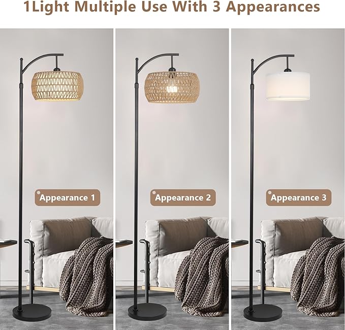 Arc Floor Lamp with Remote Control, Dimmable LED Floor Lamp with 3 Color Temperature, Black Standing Lamp with Rattan & Fabric Double Drum Shade, Boho Farmhouse Tall Pole Lamp for Living Room Bedroom