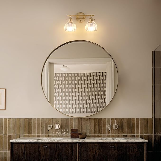 Battery Operated Bathroom Light Fixtures, 2-Light Brass Vanity Wall Light with 5000mAh Rechargeable Bulb Over Mirror with Clear Tulip Glass Shade for Bedroom Living Room