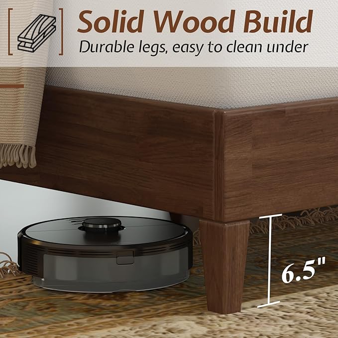 Jocisland Wood Queen Size Bed Frame,Tall Upholstered Tufted Headboard, Solid Wood Platform, No Box Spring Needed, Walnut